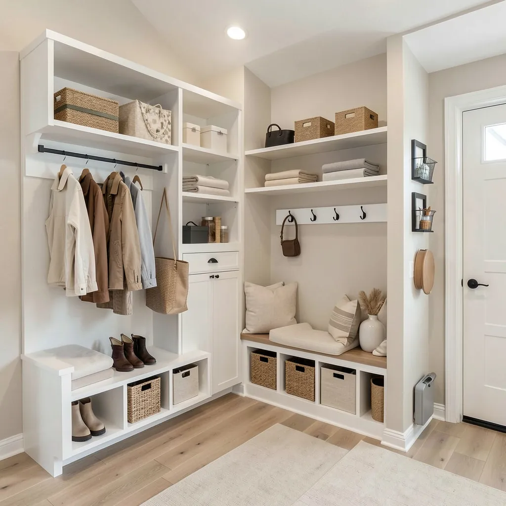 Organised mudroom with hooks and shelving